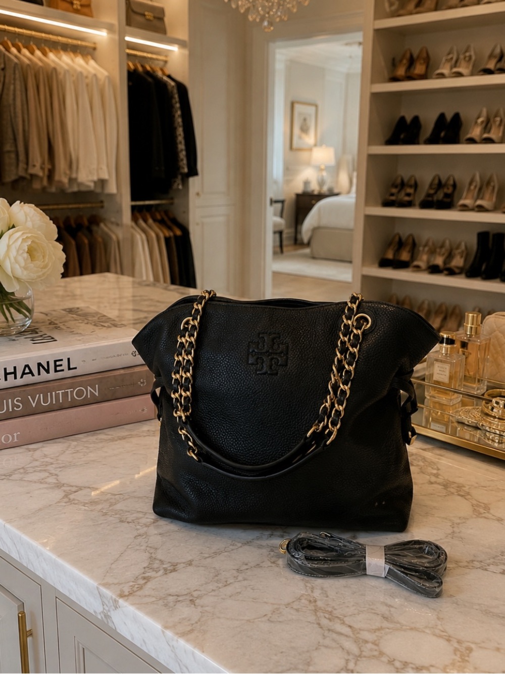 Tory Burch Black Thea Slouchy Pebbled Leather Tote with Gold Chain Handles